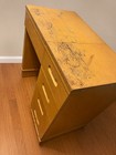 Vintage Sewing Machine In Brown Wooden Cabinet W  Drawers   Fold-up Top