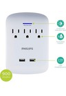 Philips 3-outlet Surge Protector Wall Tap With 2 Usb Ports  Compact Adapter