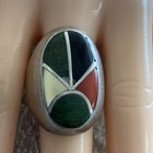 Antique Old Pawn Navajo Sterling Silver Ring With Multi-stone Oval Inlay Size 11