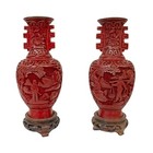 Pair Of Chinese Red Lacquer Vases 20th Century