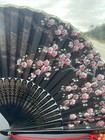 Vintage 20th C  Hand Painted Black Silk Fabric Foldable Hand Fan Asian Floral