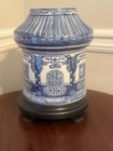 Vintage Blue   White Chinoiserie Porcelain Pagoda-style Jar  Wooden Base 