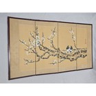 Vintage Asian 4 Panel Folding Tabletop Screen Bird Cherry Blossom Silk Art