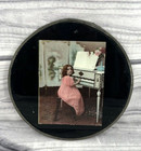 Antique Glass Flue Cover - Victorian Era Girl Playing Piano - Metal Frame - 7 