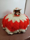 Bed Pillow Handmade Crocheted Vintage Decorative  W retro Doll In Red And White 