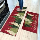 Merry Christmas Kitchen Mats For Floor Set Of 2 Xmas Tree Star Winter Dark Red