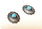 Navajo Sterling Silver Turquoise Oval Concho Stamped Stud Earrings
