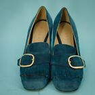 M  Gemi 37 Size 7 Us Lettura Blue Suede Leather Fringe Buckle Heels Shoes