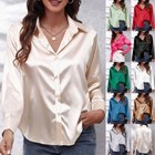 Womens Satin Slik Shirt Ladies V Neck Button-up Ol Work Solid Baggy Blouse Tops