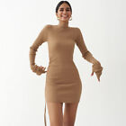 Bodycon Knit Turtleneck Sweater Dress Stretchable Slim Fit Drawstring Ruched