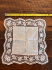 Vintage Handmade Fine Linen Wedding Handkerchief With Lace Border White