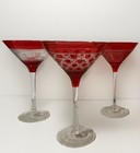 Vintage Mcm Red Cut To Clear Glass Cocktail Shaker   3 Martini Glasses Set