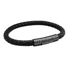 555jewelry Stainless Steel Ribbed Clasp Braided Black Leather Bracelet For Mens