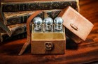 Nice Edwardian Antique Leather Case Sterling Silver Top Spirit Flasks Bottles