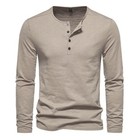 Men s Shirt Cotton Henley Neck T-shirts Long Sleeve Casual Button Plain