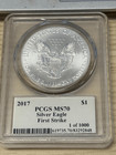 2017  1 American Silver Eagle Pcgs Ms 70 Fs Mercanti 1 Of 1000