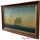 Antique Oil Painting Folk Art Sailing Ships Walnut Frame 19th Century Great Look