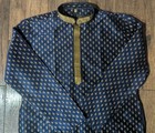 Manyavar Mens Navy Blue   Gold Paisley Print 100  Silk Long Kurta Size Xl Nwt