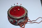 Vtg Hand Made Red Velvet Pin Cushion With Straight Pins
