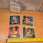 Hawaiian 4 Pack Coasters Vtg Coconut  Pineapple  Plumeria Ukulele Girl