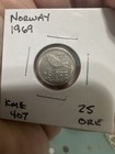 1969 Norway 25   re Coin Km 407     Nordic Bird Design     Vintage Scandinavian Rare