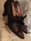Vintage Antique Edwardian Victorian Brown Leather Shoes Pointy Toe Ribbon Tie