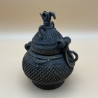 Antique 19th C  Tribal Indian Bronze Censer Lidded Container W  Peacock Finial