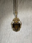 Vintage Czech Art Deco Amber Glass Enameled Pendant Necklace With 12k Gf Chain
