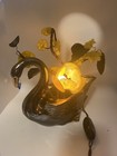 Vintage Ceramic Black Swan Bird Figure Light Glass Yellow Flowers