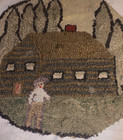 Very Old  Primitive  Folk Art  Round  Hooked  Scene  House  Trees  Person   