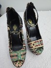 Floral Tapestry Platform Stiletto Heel Sz7 Athena  Metal Letters On Ankle Strap 