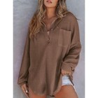 Women Waffle Knit Tops Henley Shirts Long Sleeve V Neck Solid Color Casual Tunic