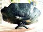 Vintage Japanese Meiji Era Green Patinated Bronze Brush Lotus Leaf   Frog Bowl
