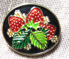 New Beautiful Enameled Strawberries W Leaves On Silver Button  -- 1 Inch