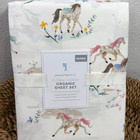 Pottery Barn Kids Floral Horse Sheet Set  Queen Soft Organic Cotton Ivory Multi