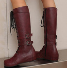 Womens Mid Calf Low Hidden Wedge Heel Boots Fashion Lace Up Leather Long Shoes 