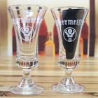 2 Vintage Jagermeister 2cl Shot Glasses  Fluted  Stemmed  Footed