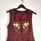Vtg Artka Wool Pleated Lattice Back Burgundy Embroidered L Covered Button Dress