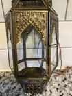 Vintage Moroccan Brass Tone Hanging Lantern Candle Holder Glass Boho Moorish 12   
