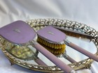 Three Piece Purple Enamel Mirror Set   Art Deco Old Hollywood Vanity Set Vtg