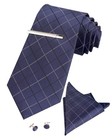 Men s Plaid Silk Necktie Pocket Square Cufflink Tie Clip Set Checkered