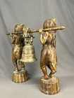 Antique Bronze Burmese Temple Bell Carried By Two Buddhist Figures 17  Sculpture
