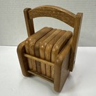 Vintage Wood   Cork Coaster Set In Wood Caddy W handle Mid-century 6 Coasters
