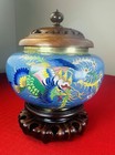 Vintage Chinese Cloisonne Floral Vase Large 21    Circumference Rosewood Top  Base