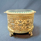 Vintage Gold Filigree Beveled Glass Oval Jewelry Casket Box Hollywood Regency