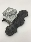 Antique Square Glass Ink Well Silver Tone Metal Scroll Victorian Pen Tray 6 25   