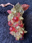 Vintage Mcm Lucite Grape Cluster   Faceted Red   Yellow   Plastic Leaf    3 Ag 