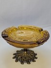 Vintage Anchor Hocking Brass Ashtray With Amber Glass