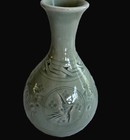 Vintage Korean Celadon Incised Thousand Crane Porcelain Bud Vase