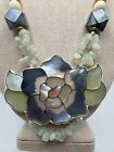 Vtg Lee Sands Inlay Blue Flower Necklace Mother Of Pearl   Jade